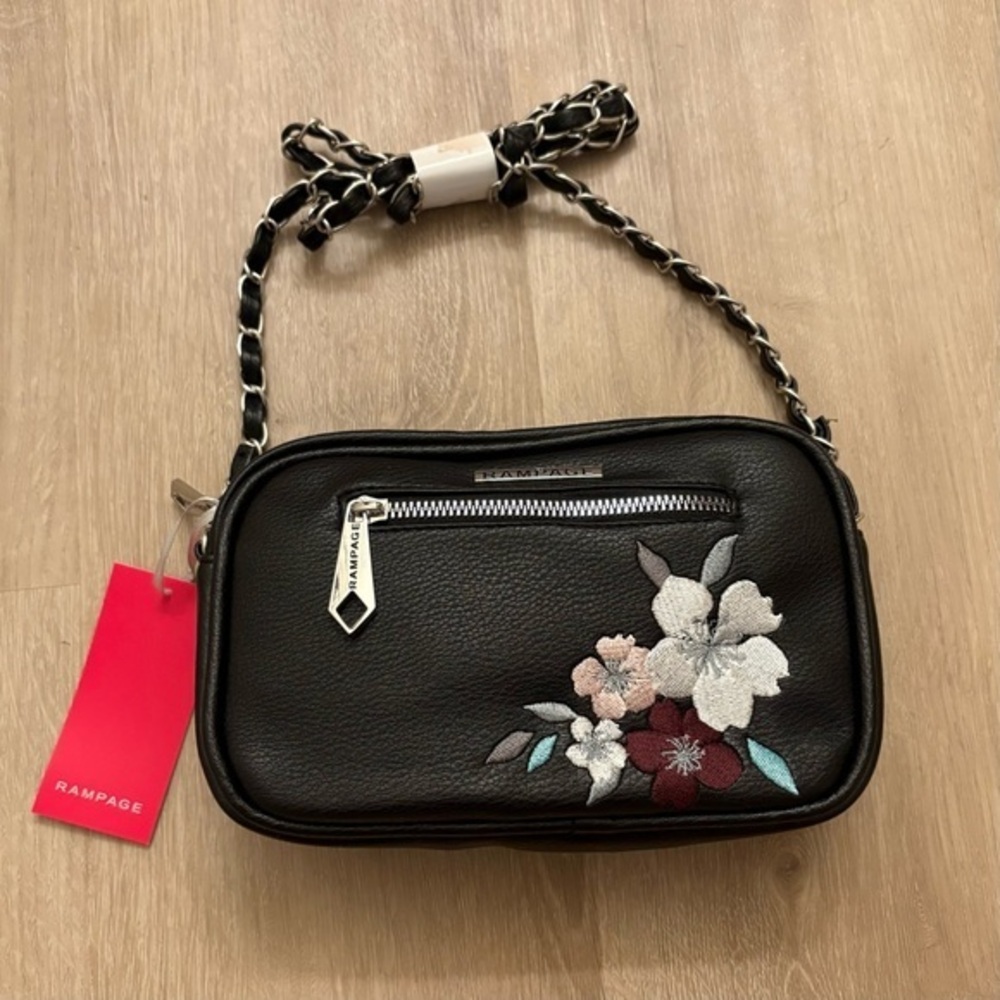 NWT Rampage Black Faux Leather Crossbody Bag Floral Embroidery Silver Hardware